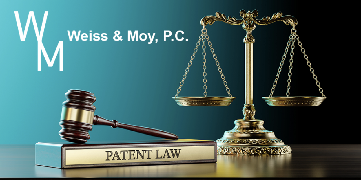 The logo for Weiss and Moy next to the scale of justice and above a gavel with a sound block that says patent law