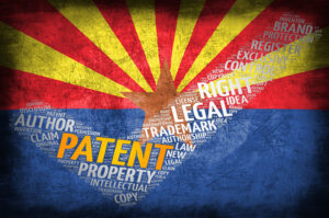 The flag of Arizona with a checkmark floating over it filled with legal words focusing on patents and intellectual property